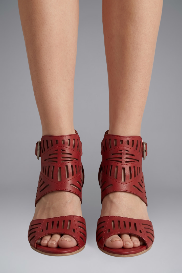 Tara Sanderson | Laser-Cut Block Heel Ankle Strap Sandals For Women