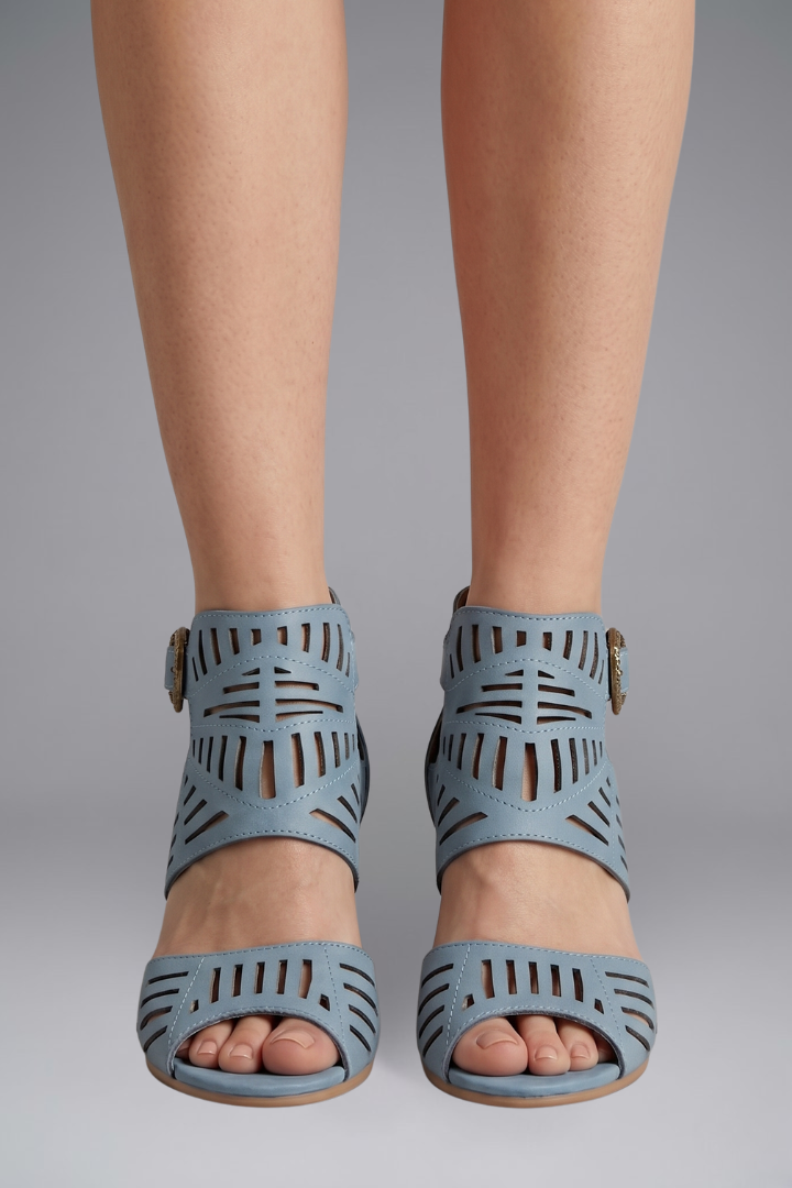 Tara Sanderson | Laser-Cut Block Heel Ankle Strap Sandals For Women