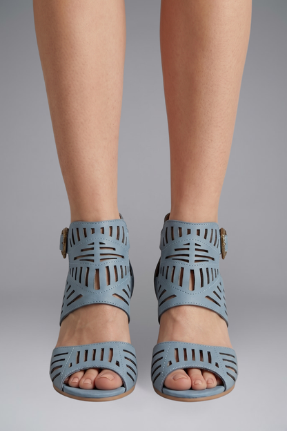 Tara Sanderson | Laser-Cut Block Heel Ankle Strap Sandals For Women