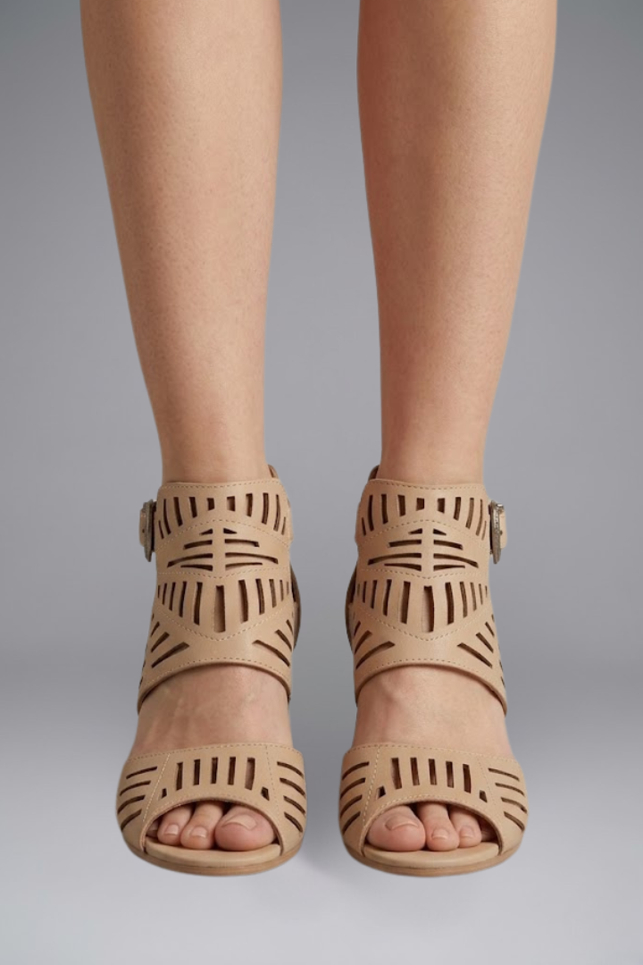 Tara Sanderson | Laser-Cut Block Heel Ankle Strap Sandals For Women