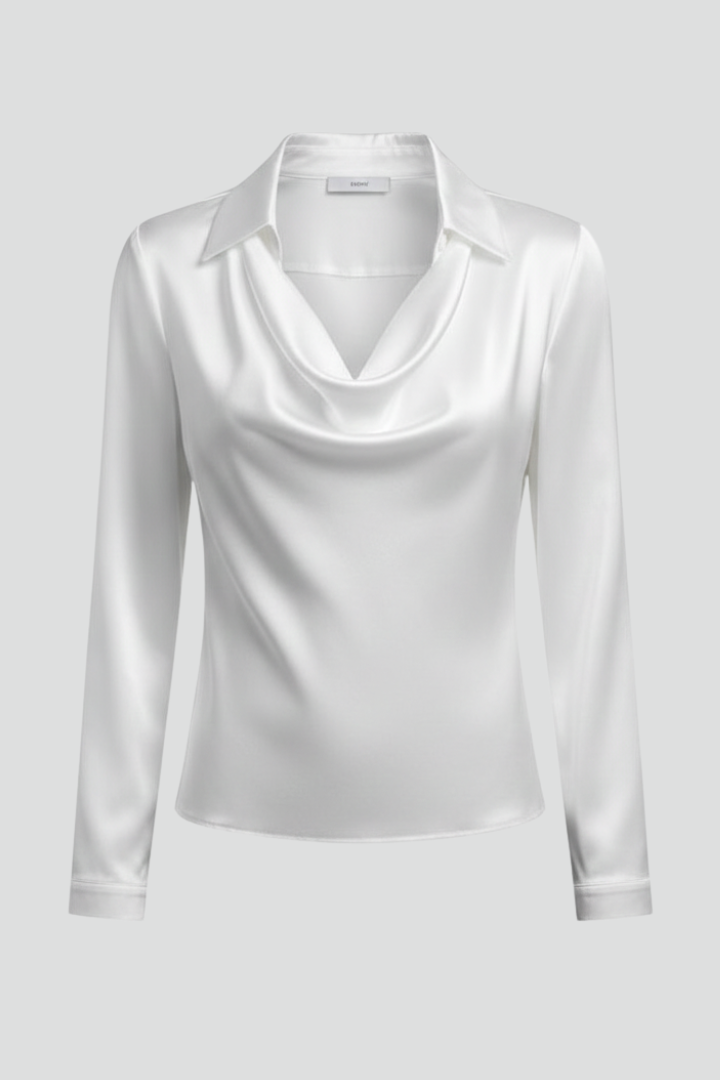 Women’s Satin Blouse with Draped Collar and Long Sleeves