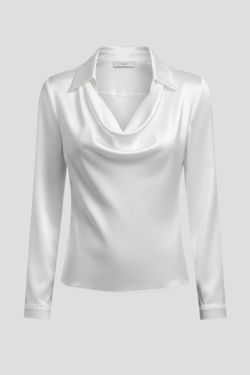 Women’s Satin Blouse with Draped Collar and Long Sleeves