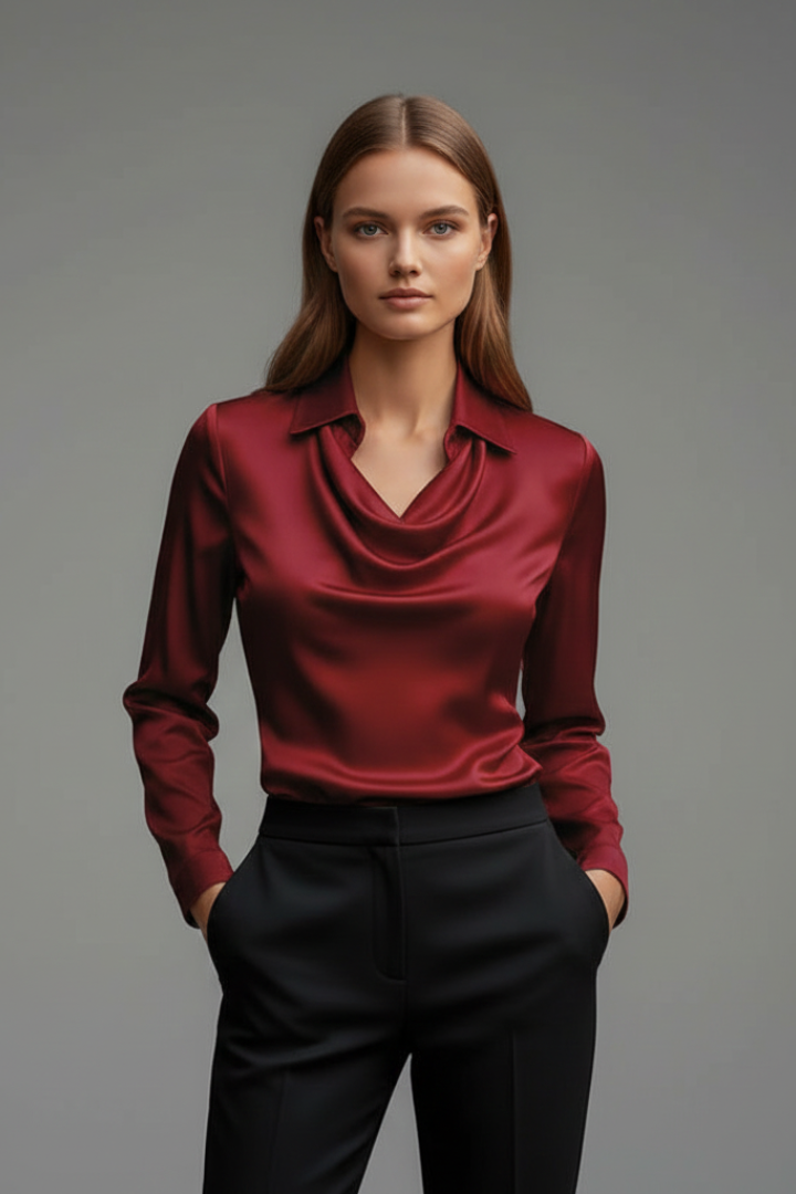 Women’s Satin Blouse with Draped Collar and Long Sleeves