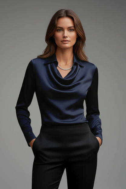 Women’s Satin Blouse with Draped Collar and Long Sleeves