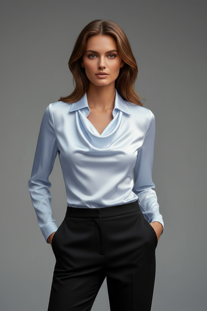 Women’s Satin Blouse with Draped Collar and Long Sleeves