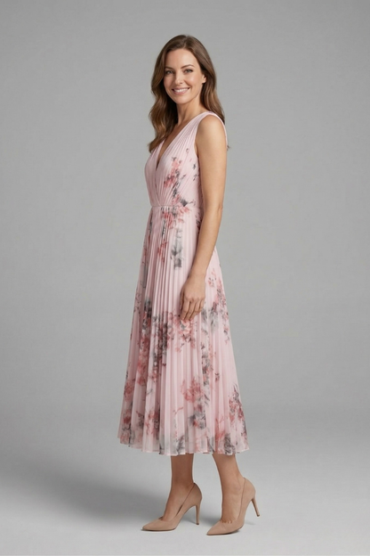 Women’s Sleeveless Dress with V-Neck and Pleated Skirt