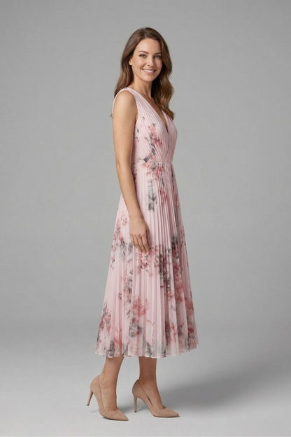 Women’s Sleeveless Dress with V-Neck and Pleated Skirt