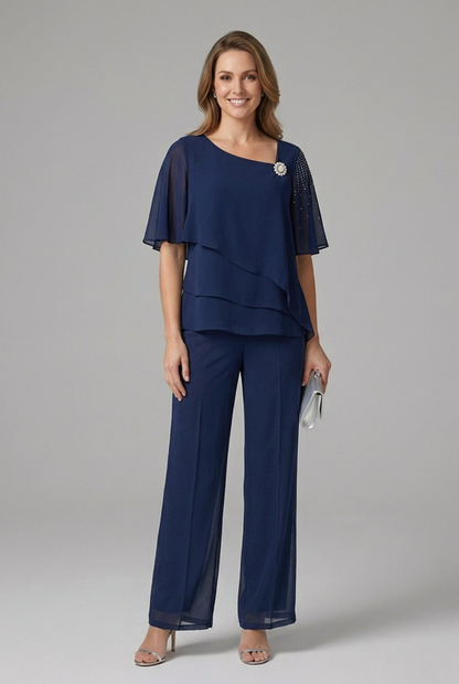 Women’s Top and Trousers Set with Layered Top and Straight Legs