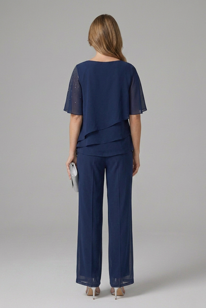 Women’s Top and Trousers Set with Layered Top and Straight Legs