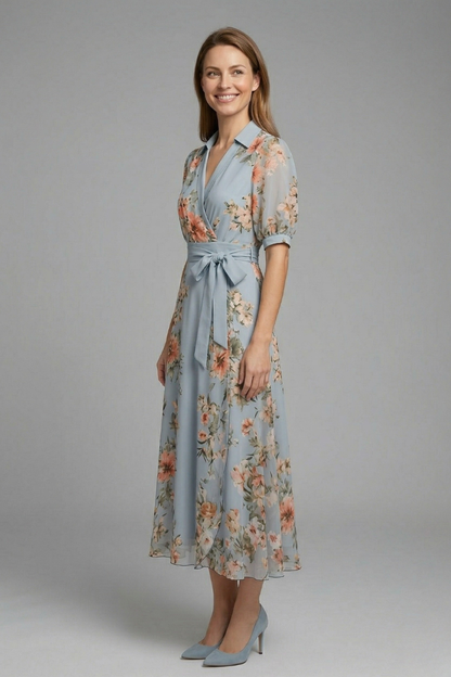 Women’s Wrap Dress with V-Neck and Waist Tie