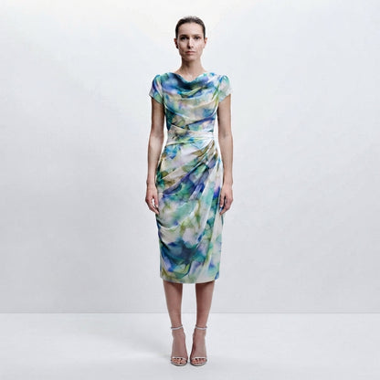 Ava Brown | Floral Cowl Neck Bodycon Midi Dress For Women