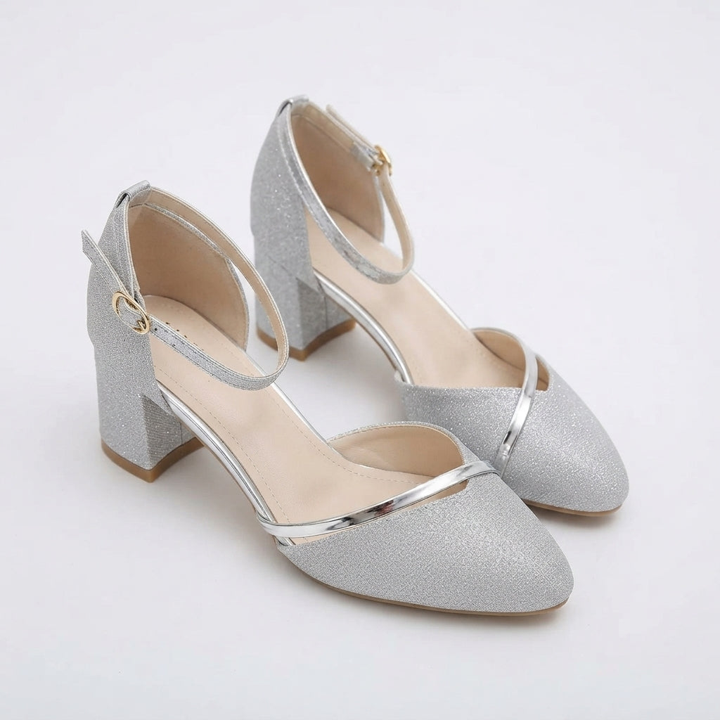 Ava Calloway | Silver Glitter Block Heel Sandals For Women