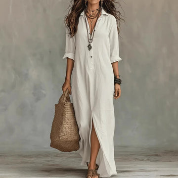 Casual Woven Shirt Dress with Button Placket and Side Slits