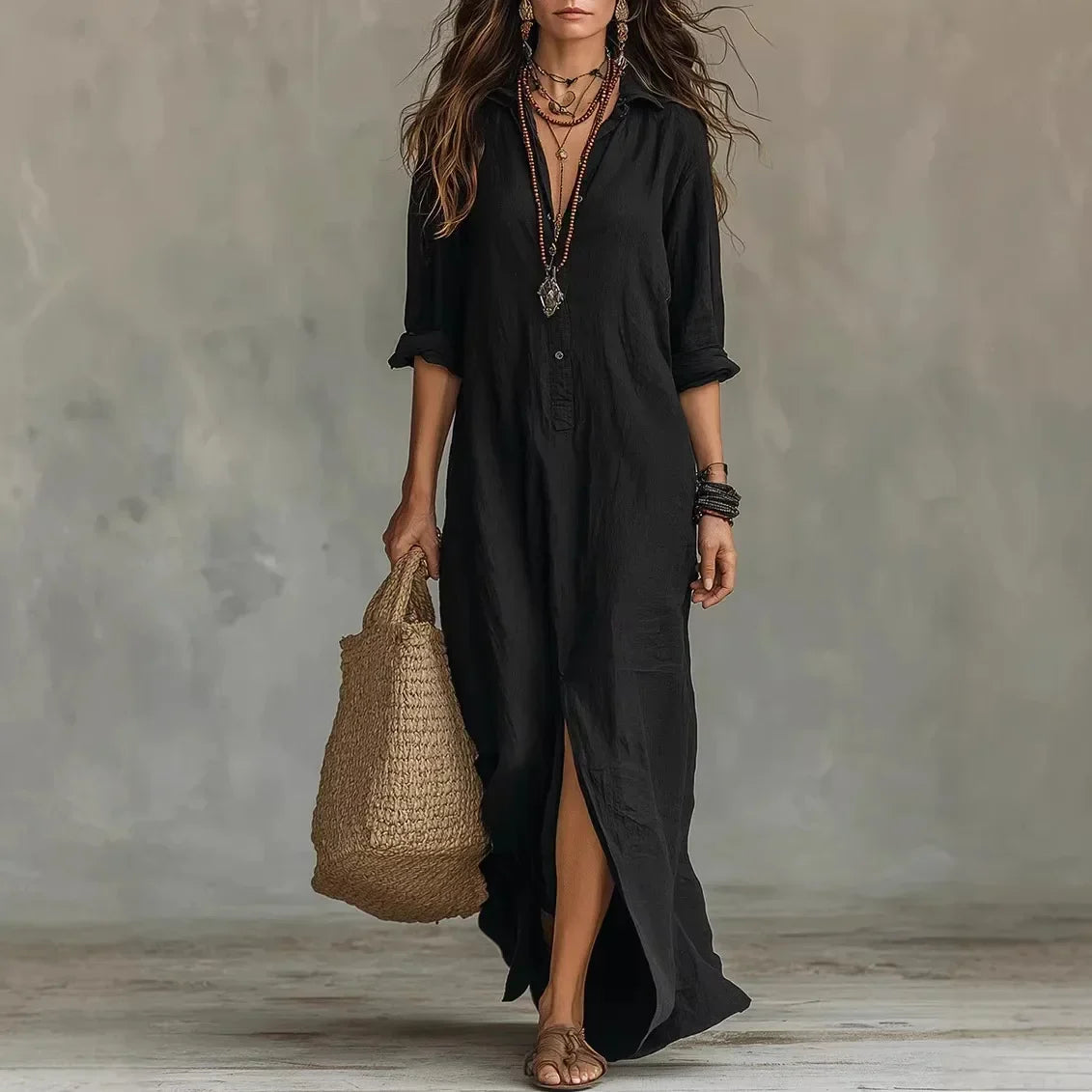 Casual Woven Shirt Dress with Button Placket and Side Slits