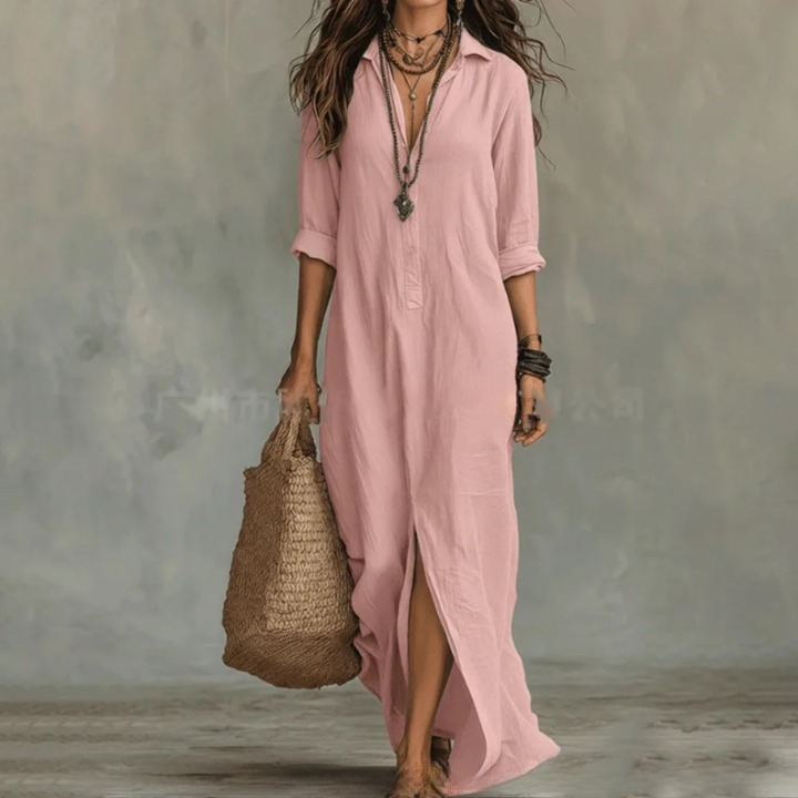 Casual Woven Shirt Dress with Button Placket and Side Slits