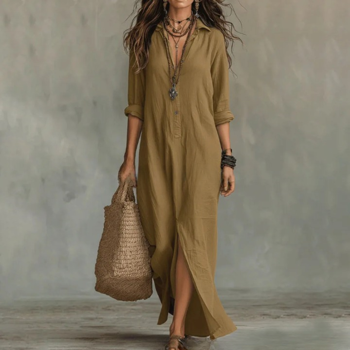 Casual Woven Shirt Dress with Button Placket and Side Slits