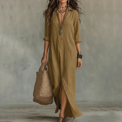Casual Woven Shirt Dress with Button Placket and Side Slits