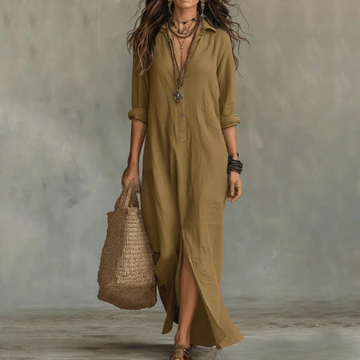 Casual Woven Shirt Dress with Button Placket and Side Slits