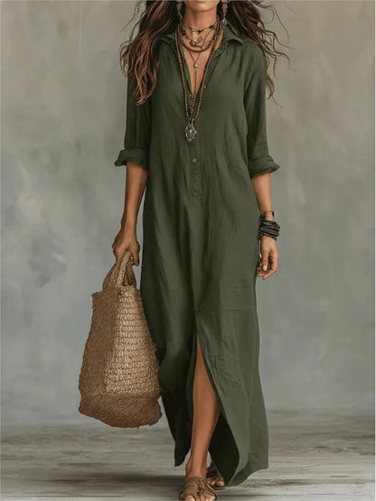 Casual Woven Shirt Dress with Button Placket and Side Slits