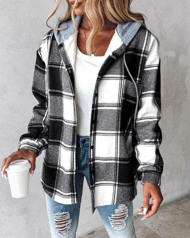 Grace Sutton | Plaid Flannel Hooded Shacket For Women