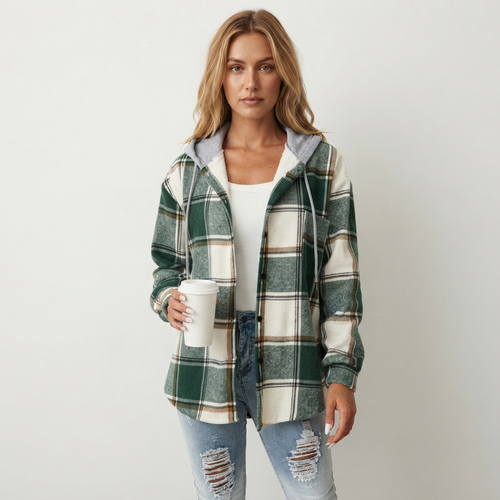 Grace Sutton | Plaid Flannel Hooded Shacket For Women