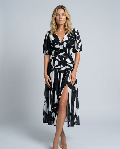 Phoebe Harrison | V-Neck Puff Sleeve Pleated Midi Dress For Women
