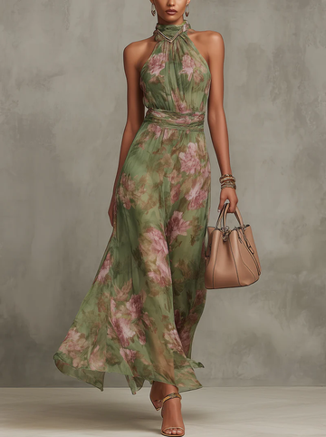 Maxi Chiffon Dress with Halter Neck and Floral Print