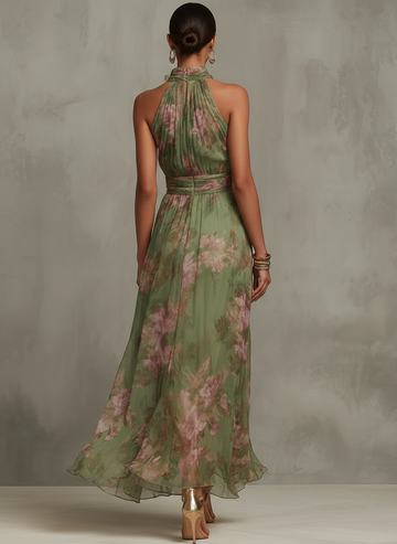Maxi Chiffon Dress with Halter Neck and Floral Print