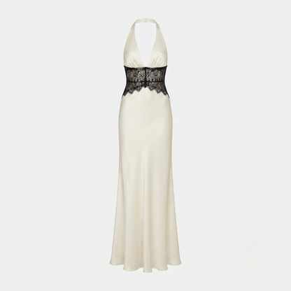 Phoebe Stafford | Halter Neck Satin Maxi Dress with Lace Waist Panel For Women