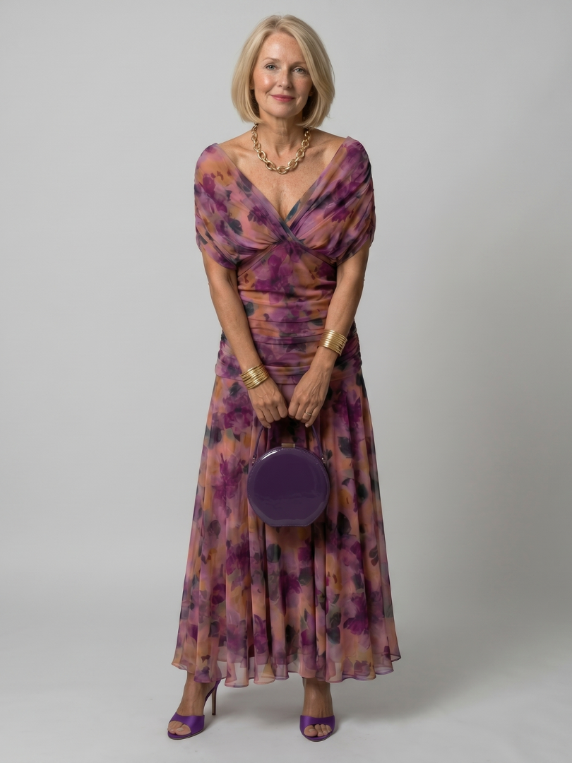 Printed Mesh Midi Dress with Draped Neckline and Ruched Bodice