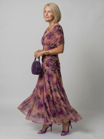 Printed Mesh Midi Dress with Draped Neckline and Ruched Bodice