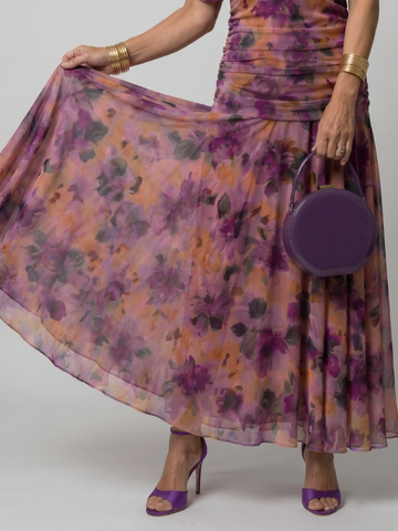 Printed Mesh Midi Dress with Draped Neckline and Ruched Bodice