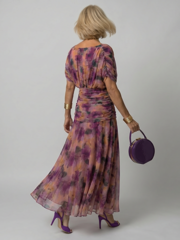 Printed Mesh Midi Dress with Draped Neckline and Ruched Bodice