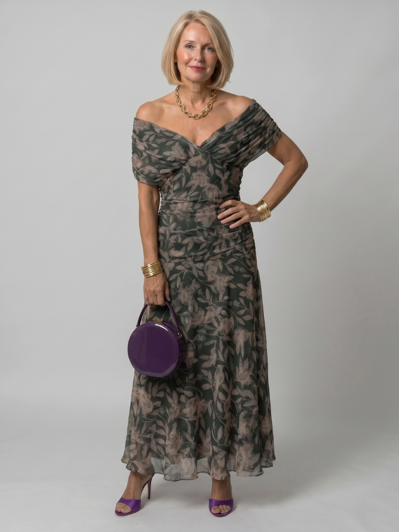 Printed Mesh Midi Dress with Draped Neckline and Ruched Bodice