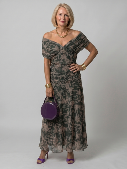Printed Mesh Midi Dress with Draped Neckline and Ruched Bodice