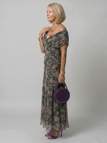 Printed Mesh Midi Dress with Draped Neckline and Ruched Bodice