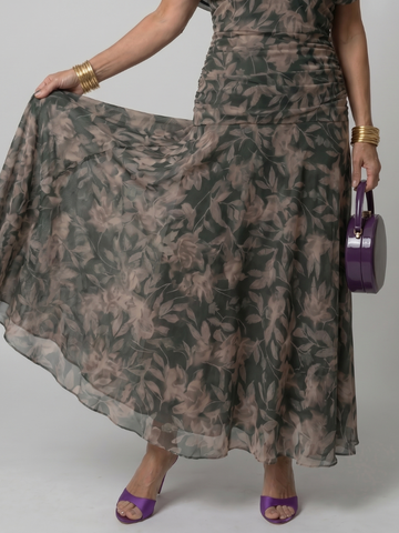 Printed Mesh Midi Dress with Draped Neckline and Ruched Bodice