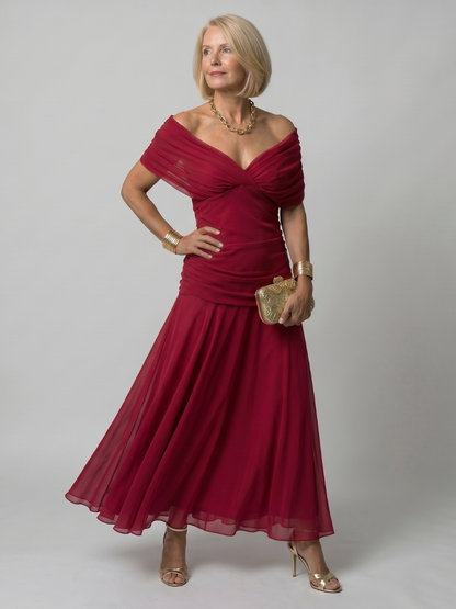 Printed Mesh Midi Dress with Draped Neckline and Ruched Bodice