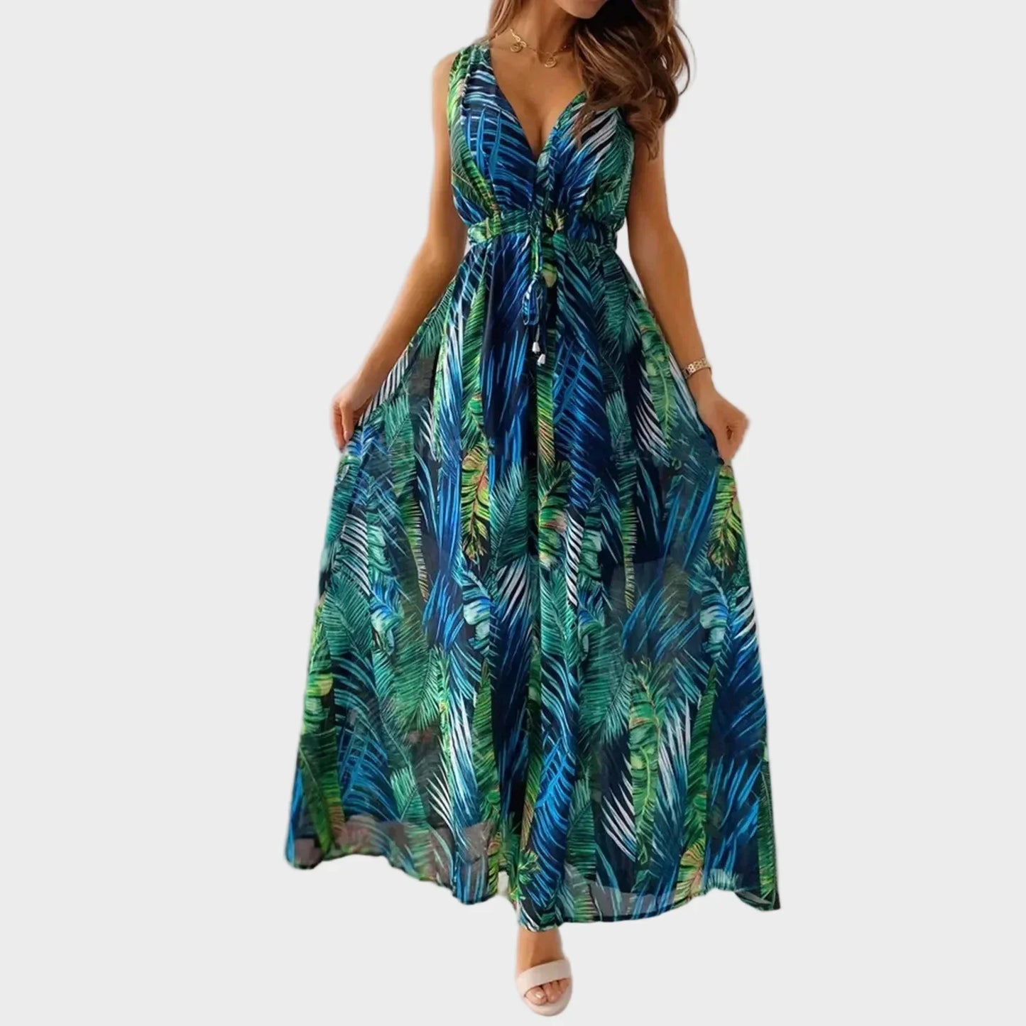 Women’s Maxi Dress with V Neckline and Sleeveless Design