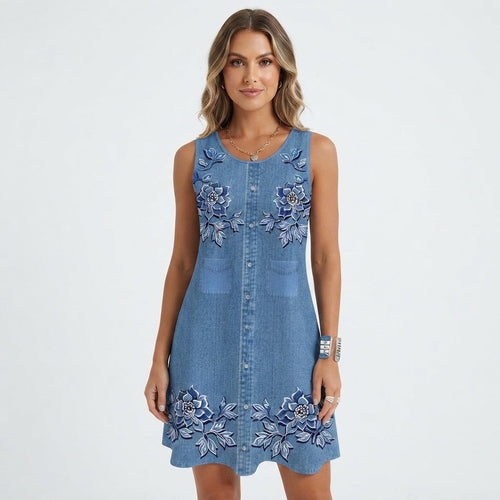 Scarlett Barnes | Denim Floral Print Midi Dress For Women