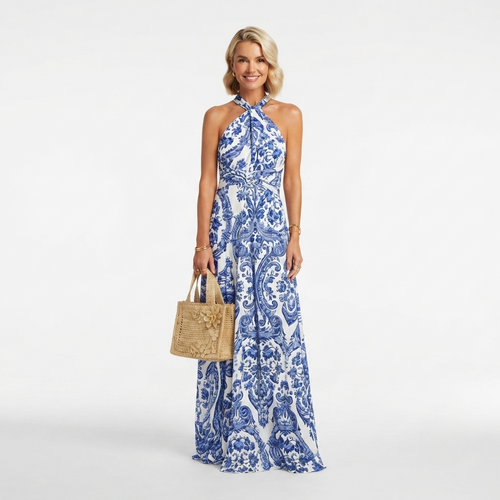 Tara Mitchell | Bohemian Blue Halter Neck Maxi Dress For Women