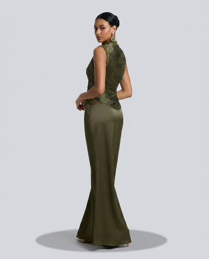 Charlotte Drummond | Ruched Tassel Top & Satin Maxi Skirt Set For Women