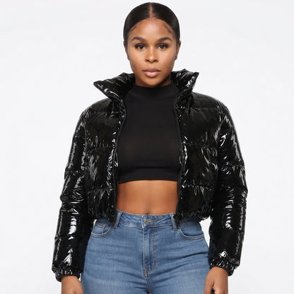 Valentina Russo | Cropped Puffer Jacket With Glossy Luxe Finish For Women