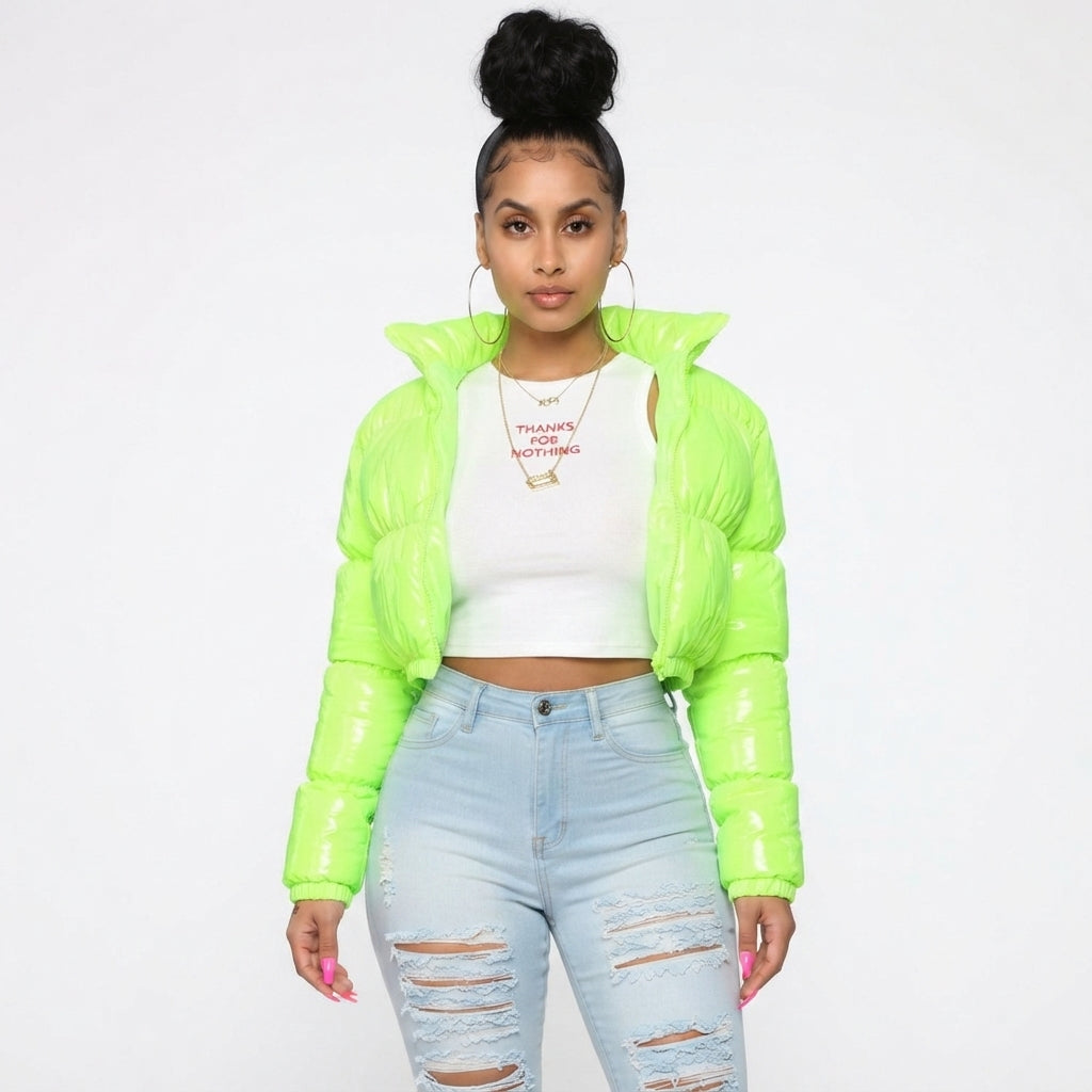 Valentina Russo | Cropped Puffer Jacket With Glossy Luxe Finish For Women