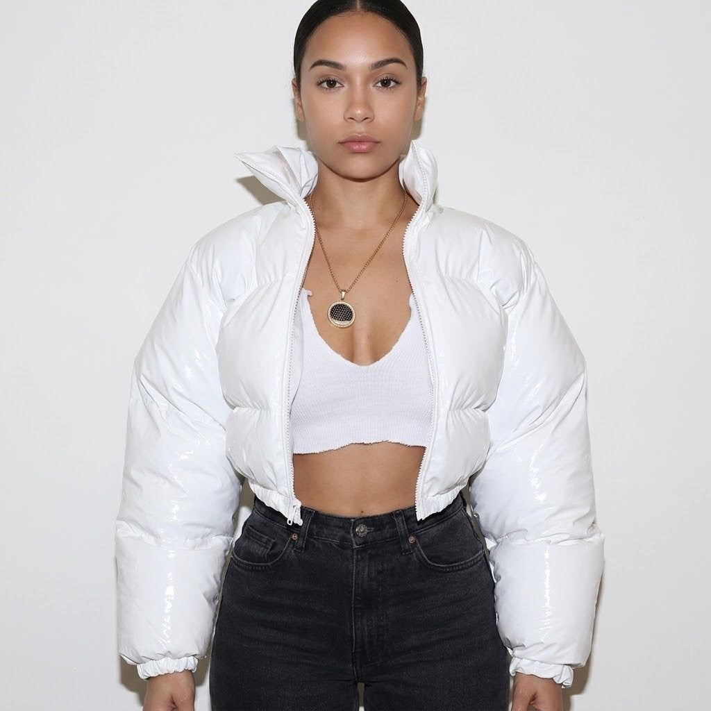 Valentina Russo | Cropped Puffer Jacket With Glossy Luxe Finish For Women