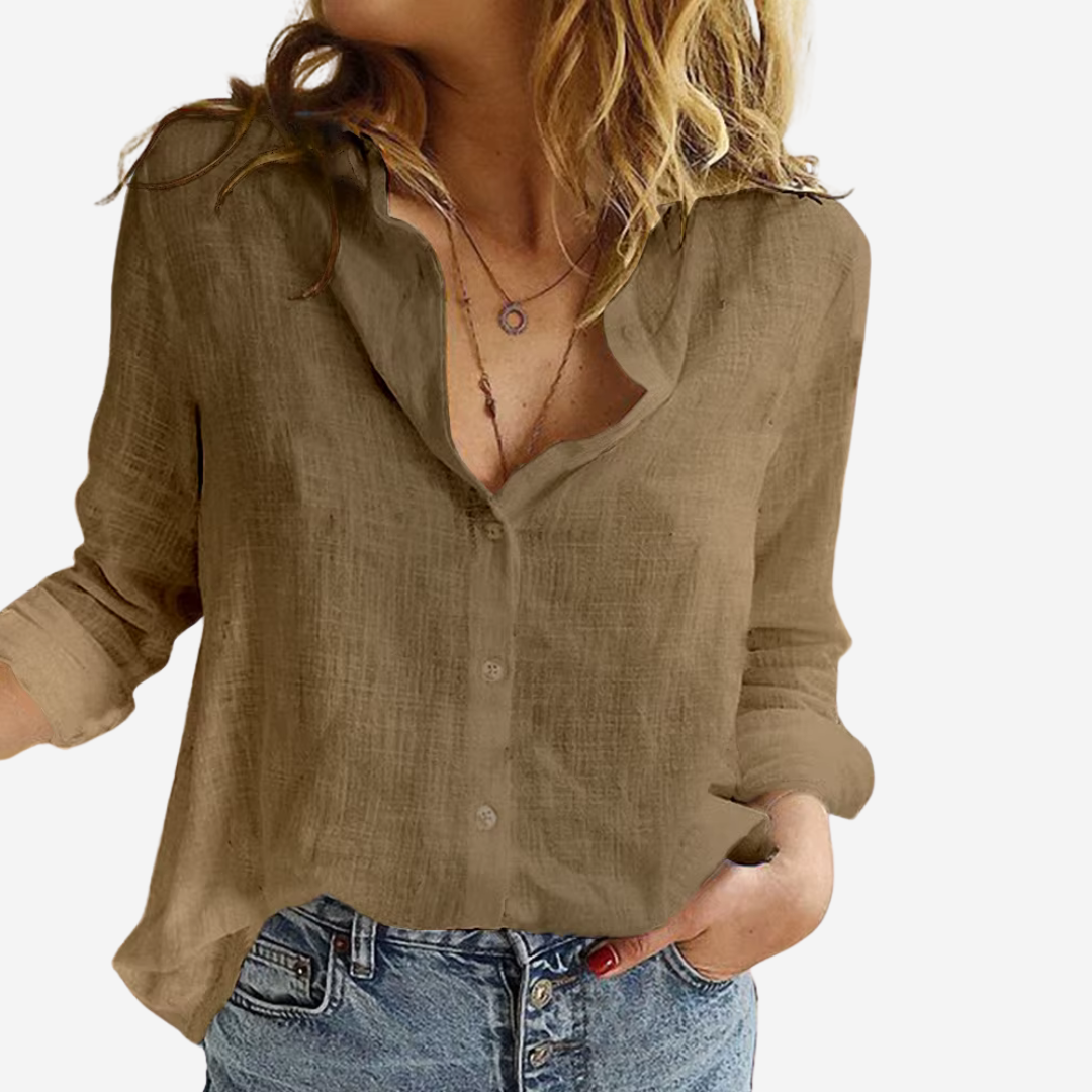 Women's Blouse with Button Front and Roll-Tab Sleeves